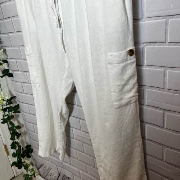 MARISSA OLIVIA tie waist linen colorblock women white joggers/size XL - Picture 3 of 7